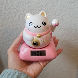 Lucky Cat Solar-Powered Sculpture - Pink and White